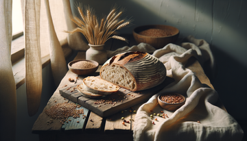 sliced ancient grain sourdough on rustic table in warm morning light